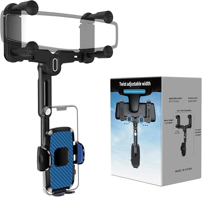 Phone Mount for Car, Rear View Mirror Phone Holder, Rotatable and Retractable Car Phone Holder Mount Rearview Mirror Phone Holder for Car Compatible with iPhone Samsung Cell Phones (Blue)