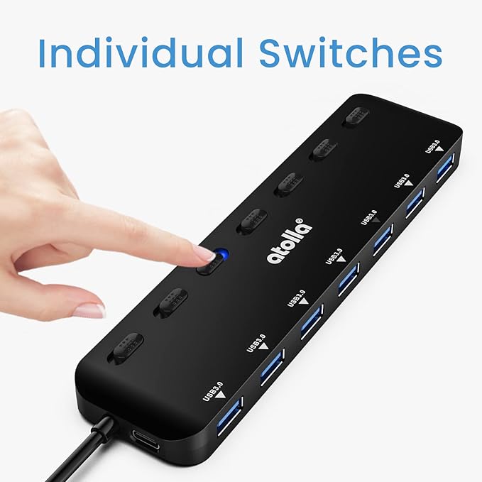 USB 3.0 Hub, atolla 7-Port USB Hub Splitter with Individual On/Off Switches and Lights, 3.28Ft Extended Cable, Suitable for Laptop, PC, MacBook, Keyboard, Mouse, Flash Drives ﻿