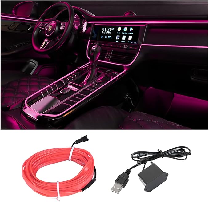 EL Wire LED Strip Lights, USB Auto Neon Light Strip with Sewing Edge, 16FT Electroluminescent Ambient Lighting Kit with Fuse Protection, Car Decoration Accessory (Pink/16FT)