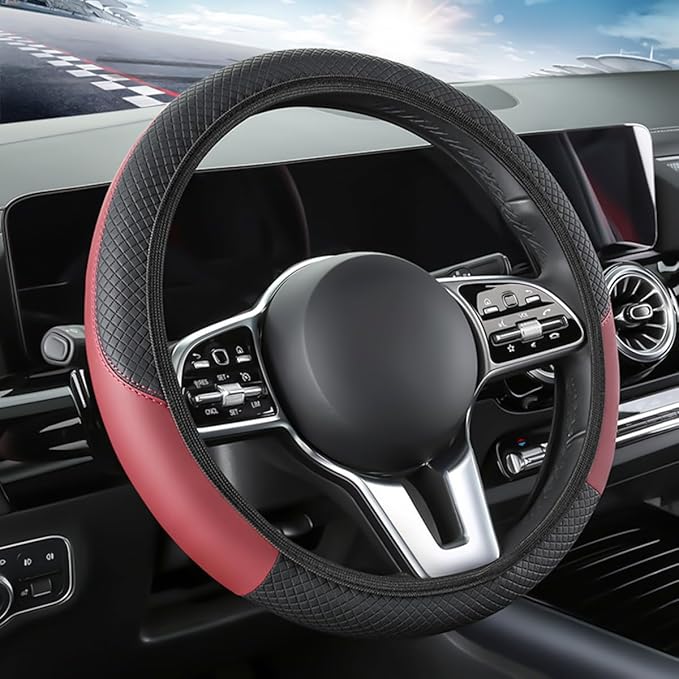 Car Steering Wheel Cover, Elastic Stretch Leather Non-Slip Vehicle Steering Wheel Guard, Automotive Interior Protective Decor Accessories, Universal for SUV RV Truck (Wine Red)
