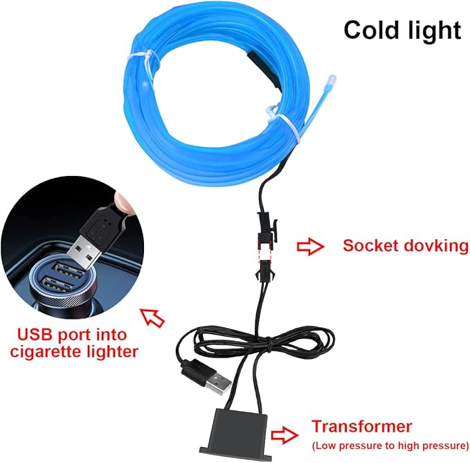 EL Wire LED Strip Lights, 10FT/3M USB Auto Neon Light Strip with Sewing Edge, Electroluminescent Car Ambient Lighting Kits with Fuse Protection, Car Decoration Accessories (Blue/10FT)