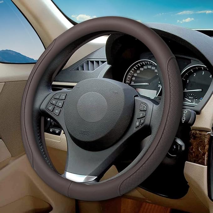 VARGTR Microfiber Leather Steering Wheel Cover with Classic Embossing, Anti-Slip Breathable Auto Car Wheel Protector, 15 Inch, Coffee