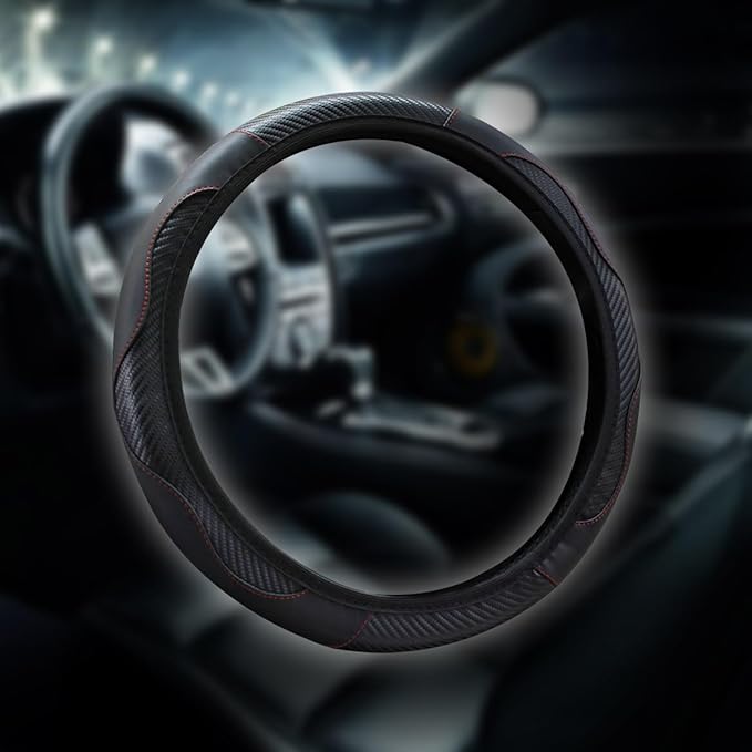 15 inch Car Steering Wheel Cover, Carbon Fiber Microfiber PU Leather Elastic Steering Wheel Protector for Men Women, Anti-Slip Breathable Car Interior Accessories (Black)