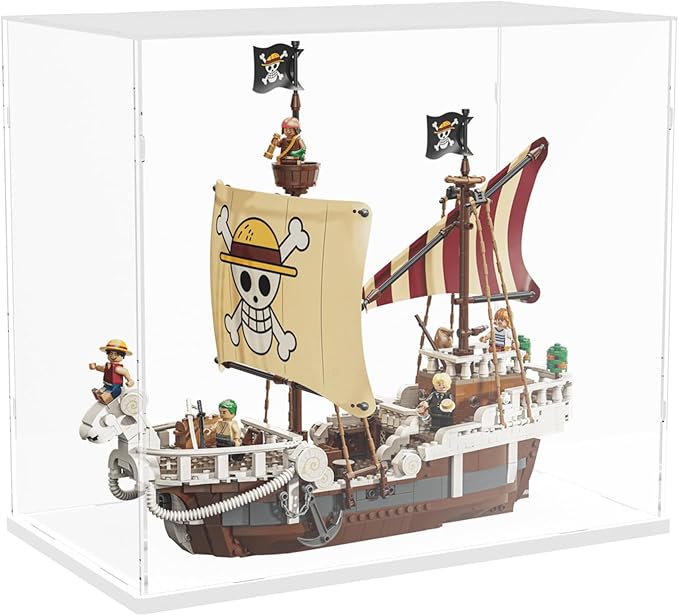 Choowin Acrylic Display Case for Lego One Piece The Going Merry Pirate Ship 75639 for Lego Display Thickened Clear Acrylic Display Cases for Collectibles Assemble Dustproof Display Box(White Base)