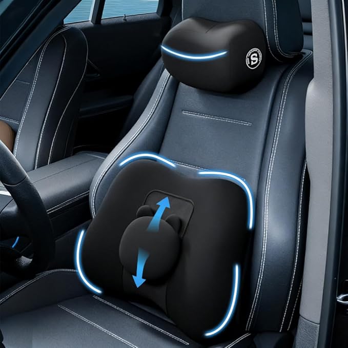 Car Lumbar Support and Neck Pillow for Driving Seat, Memory Foam Car Back Support Pillow & Headrest for Improve Posture, Driver Back Neck Sciatica Pain Relief Cushion (Black)