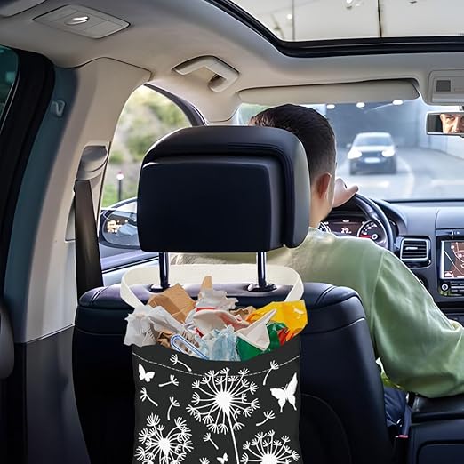 Dandelion Print Car Trash Bag Hanging Garbage Bag with Snap Buttons Car-Back Seat Trash Storage Portable Dustbin for Car Interior Accessories Travel Camping
