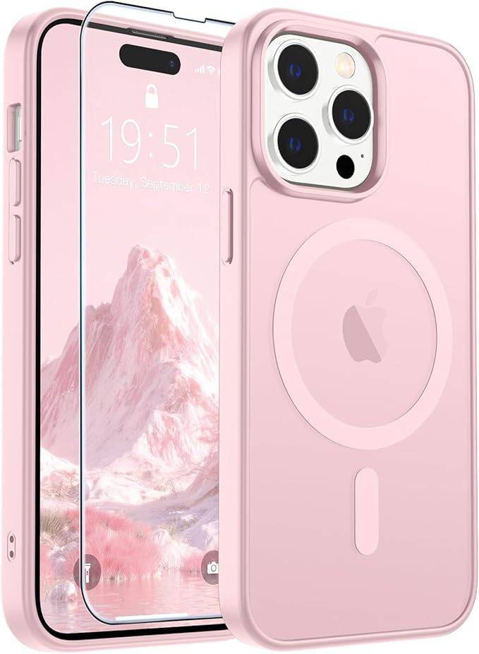 SUPFINE Magnetic for iPhone 14 Pro Case with Screen Protector (Compatible with MagSafe) (Military Grade Drop Protection) Translucent Matte Shockproof Phone Cover,Light Pink