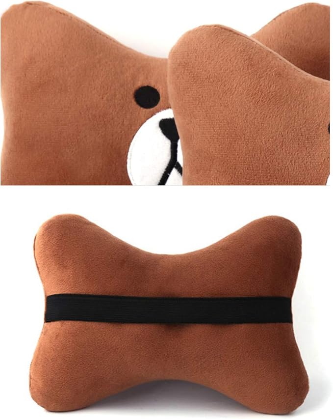 CHERISH Car Neck Pillow - 2 Pack Cute Bear Headrest Support Cushion, Soft & Comfortable Car Seat Accessory, Universal Travel Headrest for Car & Home Use (Brown)