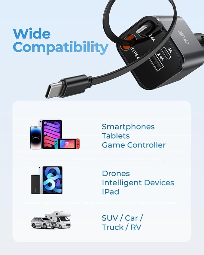 2Pack iPhone Car Charger Retractable Fast Phone Chargers, 4 in 1 Car Charger Cigarette Lighter Adapter with 2 Cables 30 Inch and 2 USB Ports, for iPhone 17/16/15/14/13/Pro, Gifts for Women Men