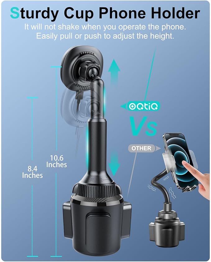 OQTIQ for MagSafe Wireless Car Charger Cup Holder Mount Compatible with iPhone 17/16/15/14/13/12, Magnetic Car Phone Mount 15W Fast Charging Telescopic Arm Heat Dissipation System, with PD 30W Adapter