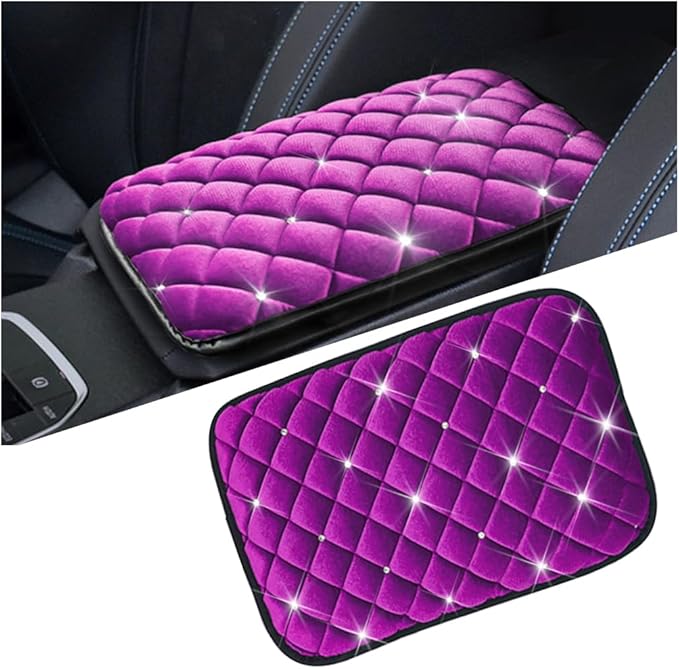 Mandark Bling Car Center Console Cover, Crystal Rhinestone Fluffy Automotive Armrest Seat Box Cushion Pad, Soft Comfortable Diamond Arm Rest Protection Mat, Universal Vehicle Accessories (Purple)