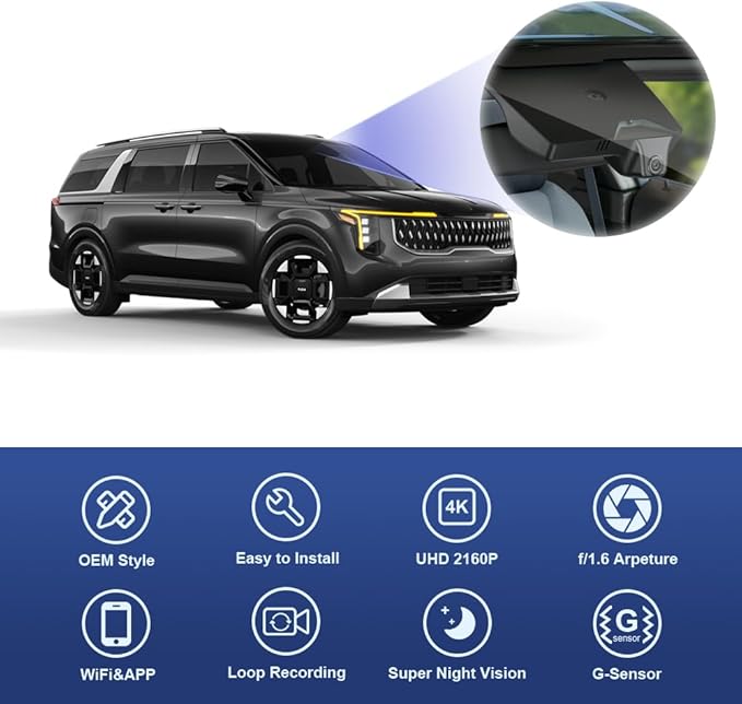 Fitcamx 4K Dash Cam Suitable for Kia Carnival 2022-2026 (Part No#R0100) LX LXS EX SX Prestige, OEM Factory Look, UHD 2160P Video, Built-in WiFi & APP, Loop Recording, G-Sensor, Plug & Play, 64GB Card