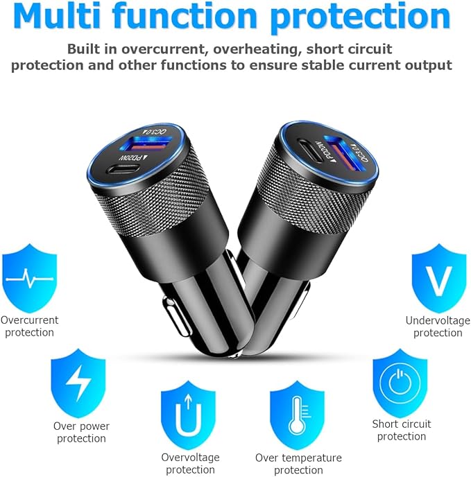 2Pack USB C Car Fast Charger, PD 38W 3.1A 2 Port Auto Quick Charger Adapter, Aluminum Metal Body Vehicle Fast Charging, Car Interior Accessories Fits for iPhone, Samsung Galaxy, and More