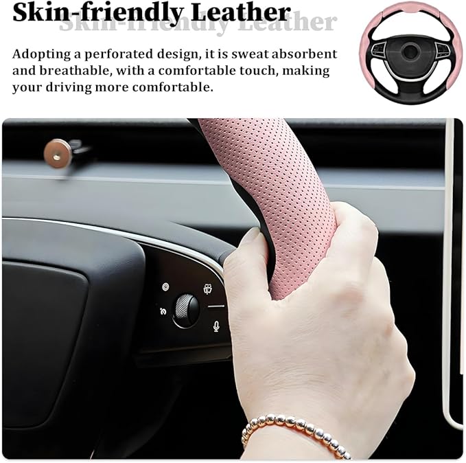 3PCS Car Steering Wheel Cover, Nappa Leather Breathable Non-Slip Segmented Steering Wheel Protector, Snap-on Auto Interior Decoration Accessories, Universal Fit (Pink)