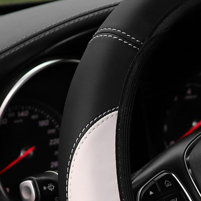 Car Steering Wheel Cover, Leather Elastic No Inner Ring Vehicle Steering Wheel Protector for 14.5-15Inch, Anti Slip Auto Interior Protection Accessories, Universal for SUV Sedan Truck (White)