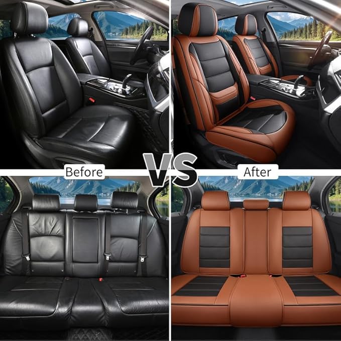 Car Seat Covers Full Set Custom Fit for Ford Focus 2000-2018-Luxury Leather with Lumbar Support, Breathable, Waterproof, Anti-Slip, Durable, Easy to Install (BlackBrown,Full Set)
