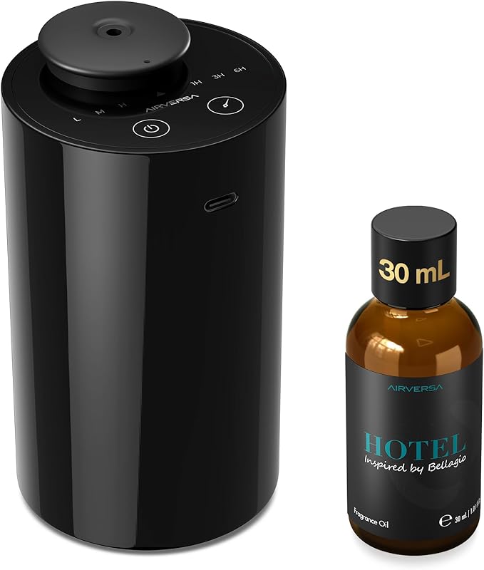 Airversa Waterless Essential Oil Diffuser Starter Kit with 30mL Hotel Fragrance Oil Inspired by Blagio, Battery Operated Car Diffuser, Portable Aroma Nebulizer for Home Car Office, AN6Kit-D, Black