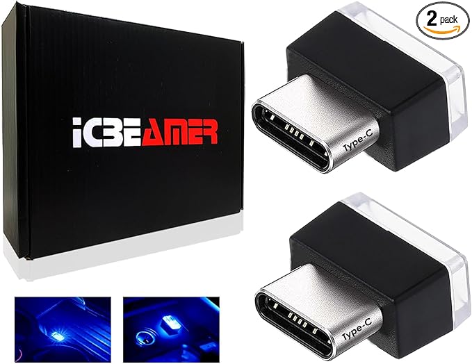 ICBEAMER Type C Adapters Atmosphere Light 2-Pack (Blue) | Universal Plug-in Miniature LED Night Light for Car Interior and Trunk Ambient Lighting Solution