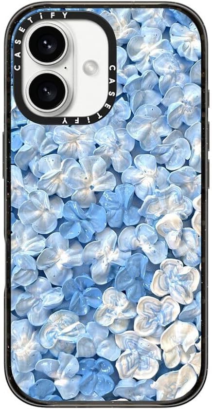 CASETiFY Impact Case for iPhone 16 [Slim / 8.2 ft. 4X Military Grade Drop Protection/Compatible with Magsafe] - Blue Hydrangea - Clear Black