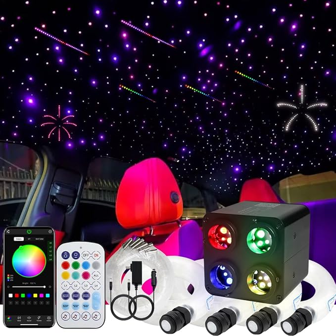 AZIMOM 4Colors 2 in 1 Meteor Twinkle Fiber Optic Starlight Headliner Kits 1000pcs 0.03in13.1ft Fiber Strands,RGB Meteor Shooting Star 240pcs, Sound Remote APP Control Home Ceiling Car Headliner Decor
