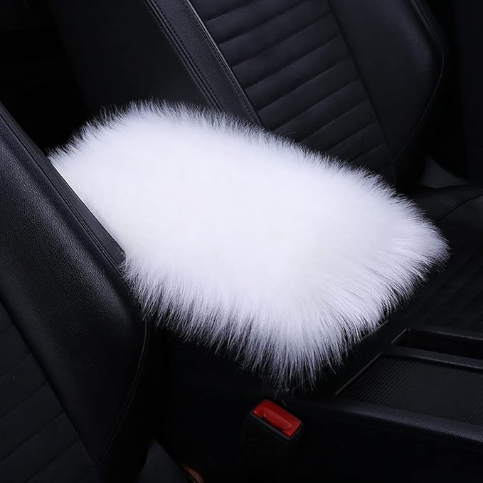 Center Console Cushion Pad/Cover, 11.4"x7.4" Furry Armrest Cover for Cars, Vehicles, SUVs, Premium Sheepskin Wool, Car Interior Accessories for Women(White)