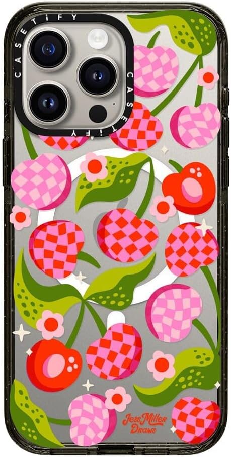 CASETiFY Impact Case for iPhone 15 Pro Max [8.2ft 4X Military Grade Drop Protection/Compatible with Magsafe] - Checkered Cherries - Clear Black