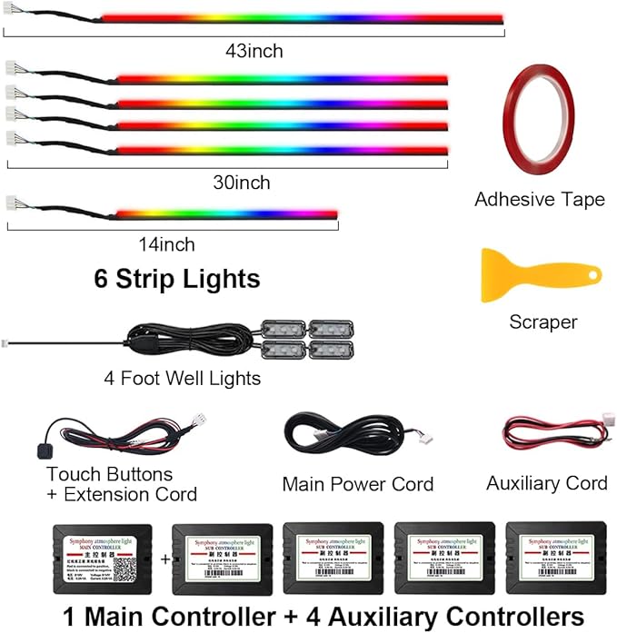 Dreamcolor Acrylic Interior Car Light with Wireless APP, RGB 10 in 1 Car Ambient Lighting Kits with 175 inches 600 LEDs, 16 Million Colors Sound Activated Car Neon Lights