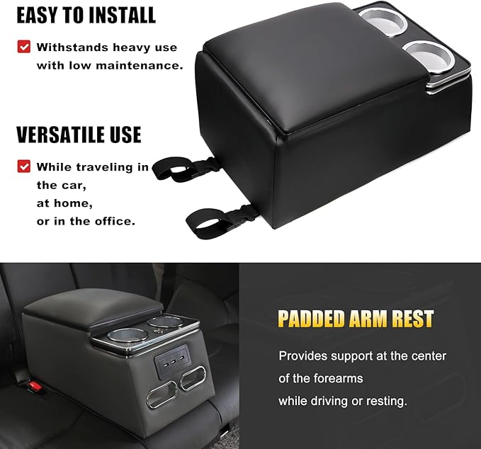 Center Console Organizer with Cup Holder & Padded Top Lid fit for Truck & Car & Van& Bench Consoles Central Armrest Box Back Seat Storage Box Black