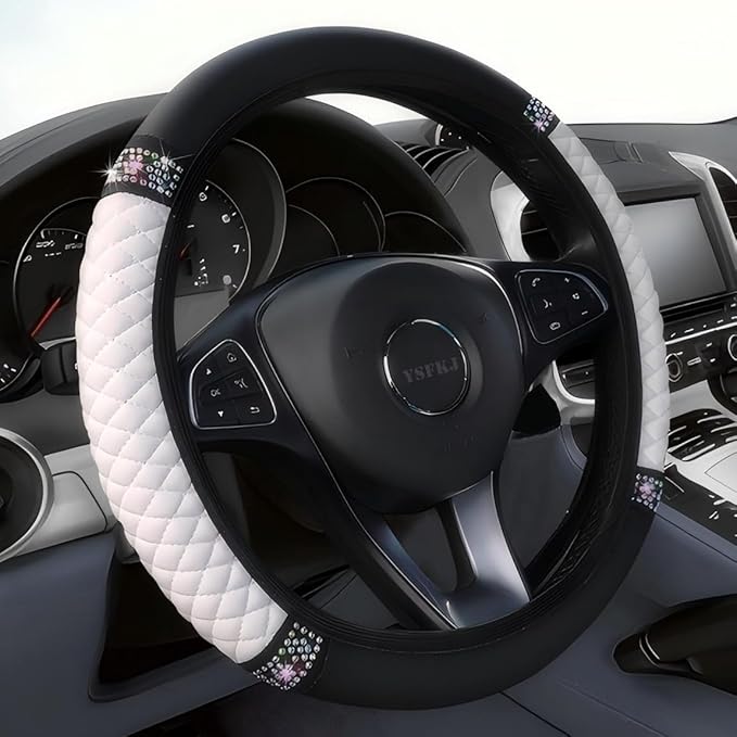 Soft Leather Car Steering Wheel Cover, Universal 15 Inch Colorful Rhinestones Anti-Slip Elastic Steering Wheel Covers for Most Cars, Sparkly Crystal Diamond for Women Girls (White)