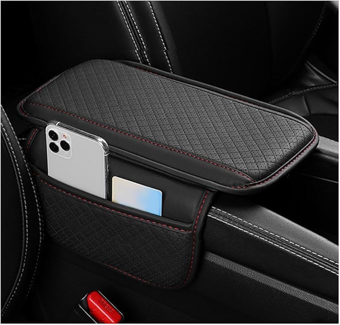 Car Center Console Cover with Storage Bag,Heighted Arm Rest Cover for Car with Square Press Pattern & Air Ventilation Hole for Soft Support,Artificial Leather Cars Middle Console Covers