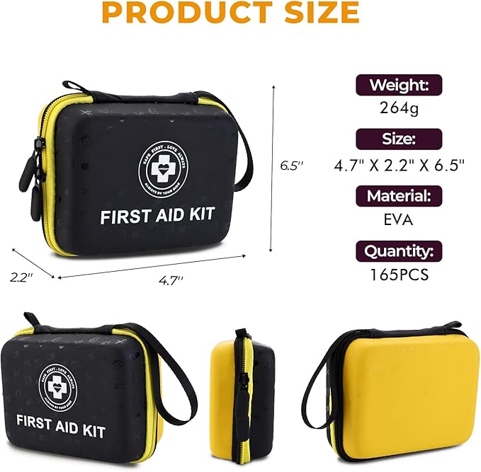 Small First Aid Kit - 165 Piece Dual-Color Emergency Medical Kit with Hard Shell & Fluorescent Exterior Coating, Emergency First Aid Kit for Home, Car, Travel, Hiking & Outdoor(Black/Yellow)