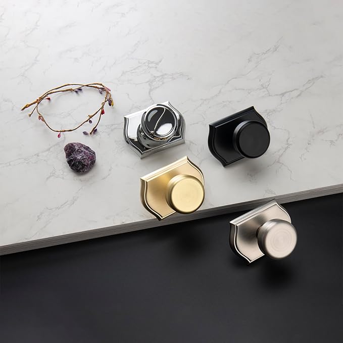 Interior Pismo Doorknobs for Bath & Bedroom, Gold Door Knobs with Camelot Trim, Satin Brass Door Knob with Lock