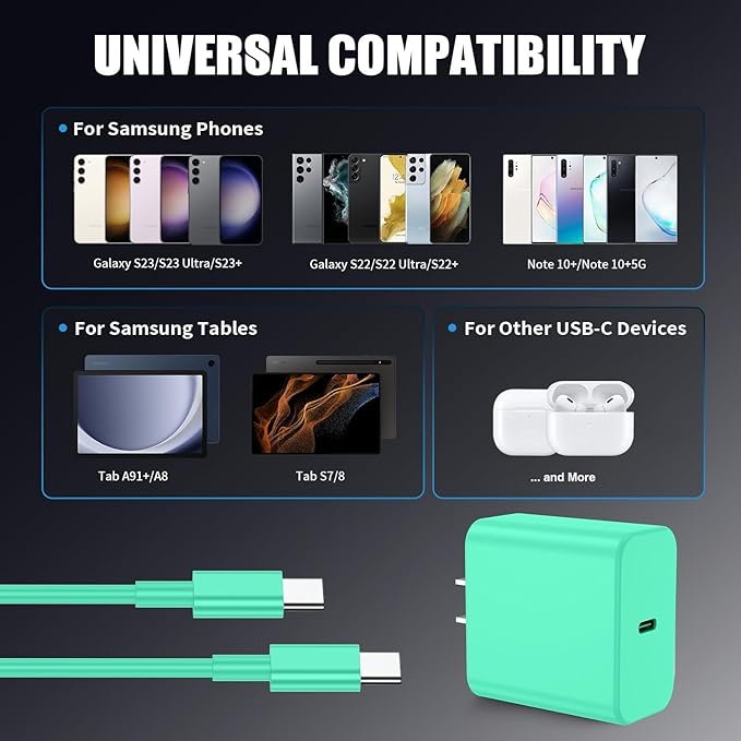 3Pack USB C Charger for Samsung Galaxy S24 Ultra, Super Quite Fast Charging Type C Block with 6FT C to C Cord for Samsung Galaxy Tab S9 S8 S23 Ultra S22 Ultra S23 S22 S21 Note 10 Plus 20,Green