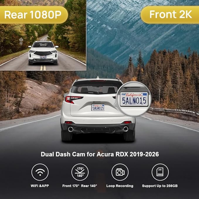 Fitcamx Front 2K+Rear 1080P Dash Cam Adapts for Acura RDX 2019-2026 (HD2-D4151), OEM Factory Look, Dual HD Video, Built-in WiFi & APP, Loop Recording, G-Sensor, Night Vision, Easy to Set, 64GB Card