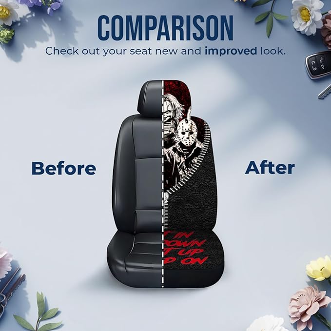 GENANY Horror Movie Car Seat Covers Set of 2, Scary Breathable Front Seat Covers for Truck Sedan SUV, Halloween Car Accessories, Horror Gift for Women Men