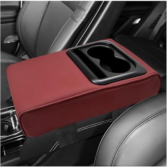 Car Center Console Armrest Pillow, 14"×8.3" Waterproof Leather Armrest Box Cover with Cup and Phone Holder, Soft Memory Foam Arm Rest Console Pad Protector for SUV Truck (Wine Red, Glossy)