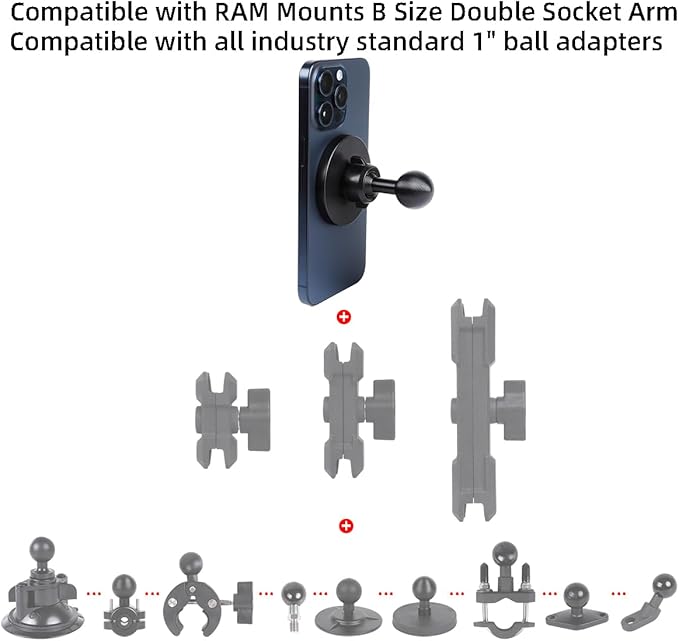 Super Magnetic Cell Phone Holder Base with 1" Ball for MagSafe iPhone 17 16 15 14 13 Series,Compatible with RAM mounts and Other B Size Ball Double Socket Arm