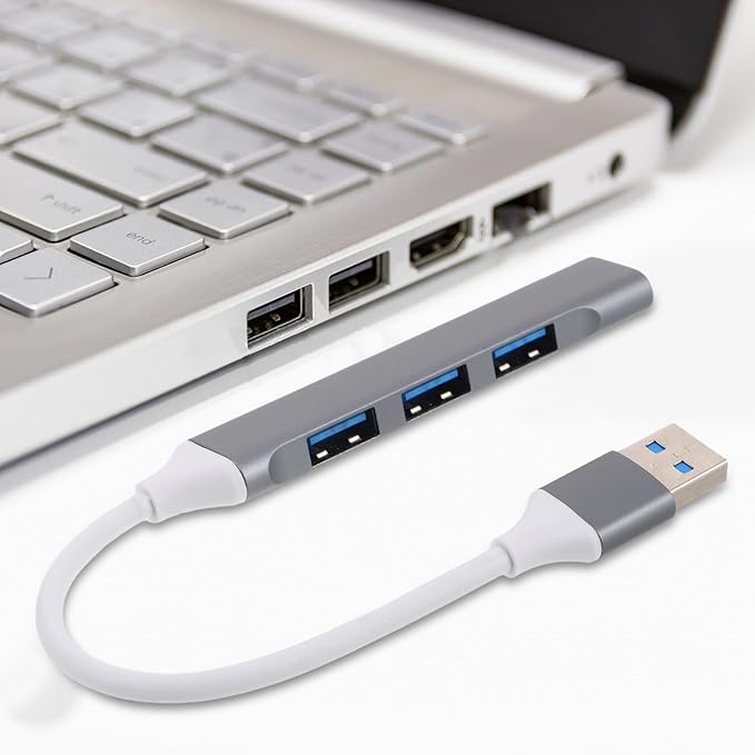 USB Multiport Hub Splitter with 4 USB Ports for Laptop and Car Use in Space Gray with Packaging Box for Multiple Devices