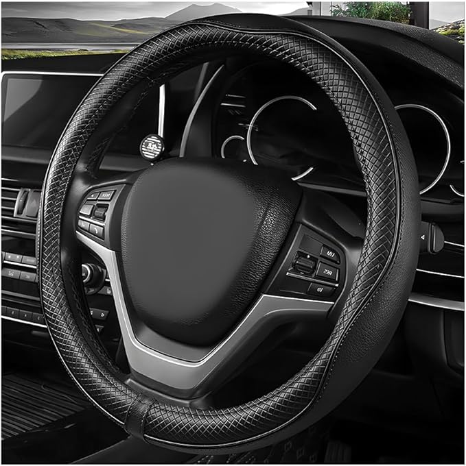 Car Steering Wheel Cover, 15 Inch Anti-Slip Breathable Leather Auto Steering Wheel Protector, Full Surround Soft Steering Wheel Cover for Men Women, Car Interior Accessories (Black)