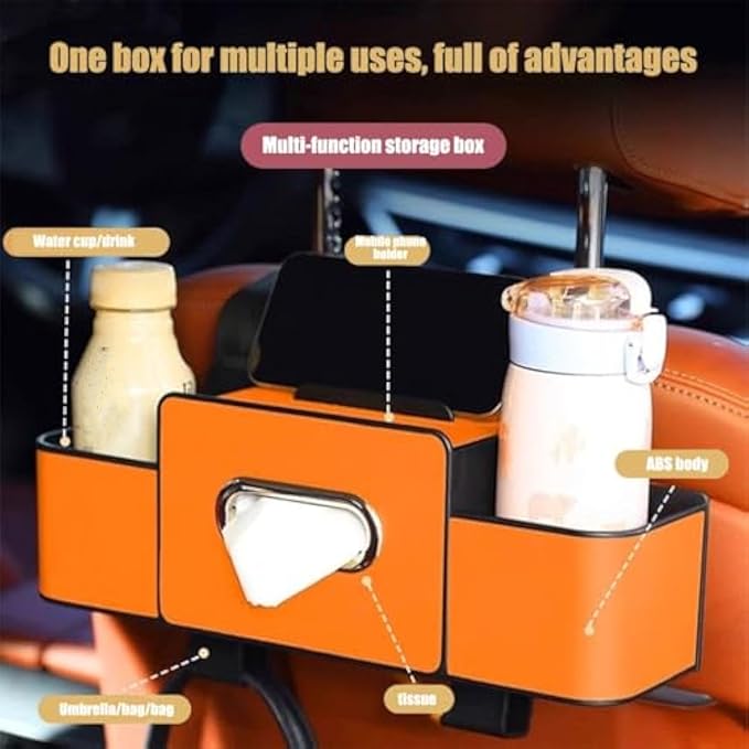 Car Organizers and Storage Box, Multifunctional Car Organizer and Storage Box Back Seat, 3-in-1 Holder Tissue Dispenser, Phone Stand for Snacks, Drinks, Bag Hook, Keep Tidy & Organized (White)
