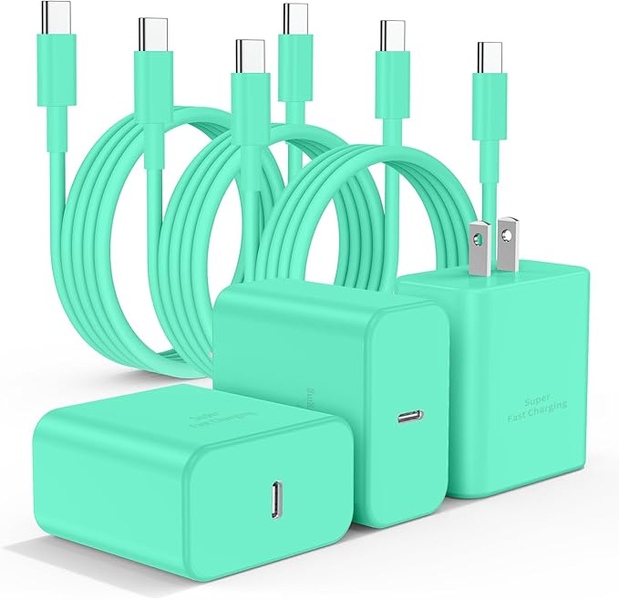 3Pack USB C Charger for Samsung Galaxy S24 Ultra, Super Quite Fast Charging Type C Block with 6FT C to C Cord for Samsung Galaxy Tab S9 S8 S23 Ultra S22 Ultra S23 S22 S21 Note 10 Plus 20,Green