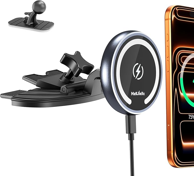 MAGJIEYX CD Slot Magnetic Car Mount Charger for iPhone 17, 16, 15-12, 3X Stable on Bumpy Roads, Wireless Charging Holder with 3M Dash Sticker, No Vent Block for Sedans/SUVs/Trucks