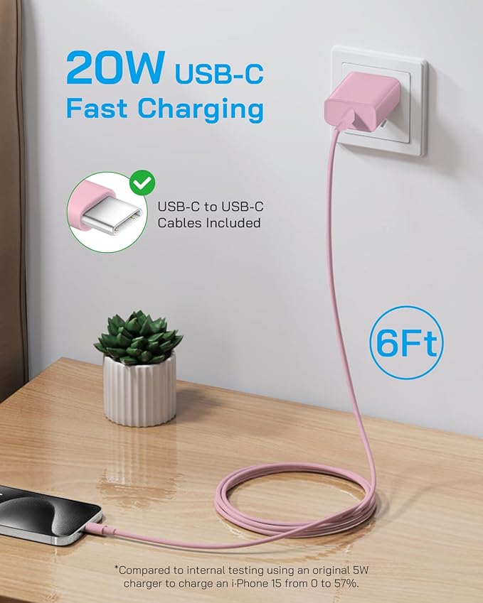 3 Pack AISNI Fast Charger Block Compatible with iPhone 17 16 15 Charger Fast Charging USB C Charger Long Type C Chargers Cord 6 FT for iP17 Air/17 Pro Max/16/15 Pro Max Series and Type C Device-Pink