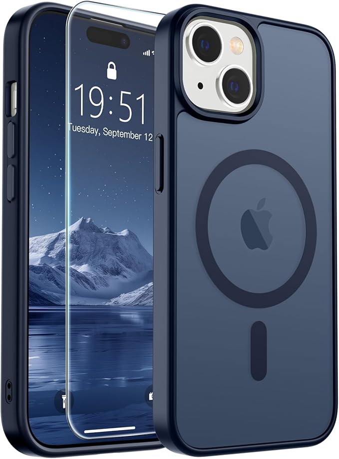 SUPFINE Magnetic for iPhone 15 Case with Screen Protector (Compatible with MagSafe) (Military Grade Drop Protection) Translucent Matte Shockproof Phone Cover,Dark Blue