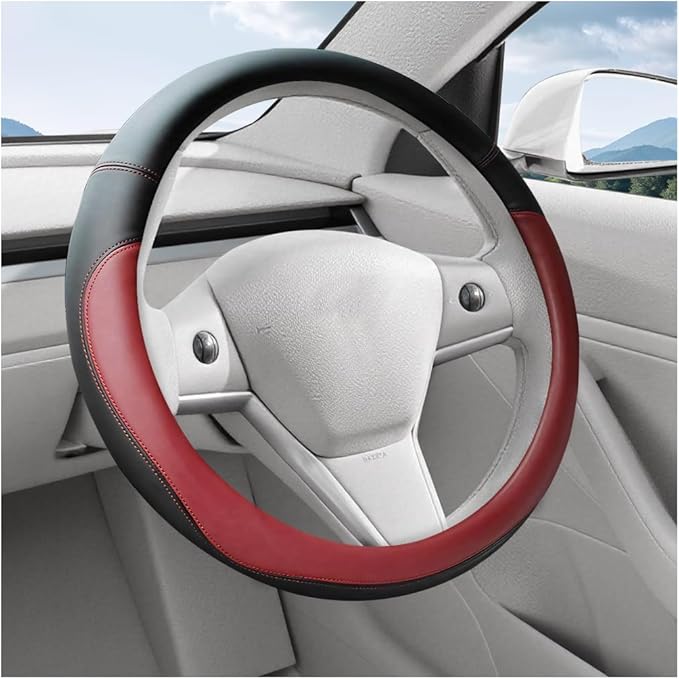 Car Steering Wheel Cover, 15 Inch Leather Anti-Slip Breathable Vehicle Steering Wheel Protecter with Comfortable Feel, Automotive Interior Accessories, Universal for SUV Sedan Truck (Wine Red)