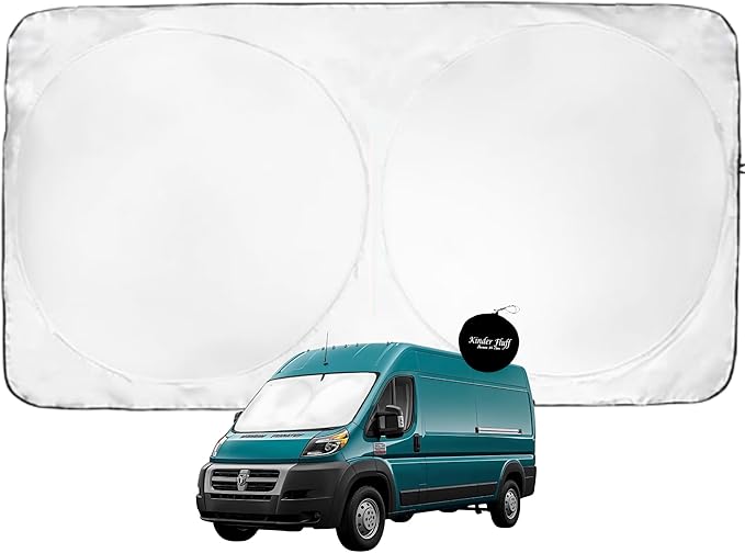 Windshield Sun Shade -Certified 99.87% UVB & 99.02% UVA Car Sun Shade. Award Winning Sunshade - Patented Technology | Compatible for Dodge RAM Promaster (2014-2026) | Car Shades by Kinder Fluff