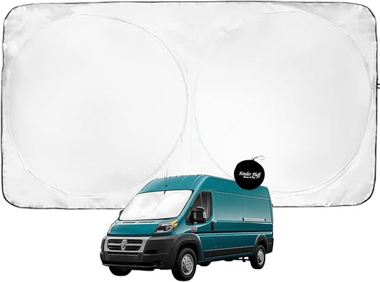 Windshield Sun Shade -Certified 99.87% UVB & 99.02% UVA Car Sun Shade. Award Winning Sunshade - Patented Technology | Compatible for Dodge RAM Promaster (2014-2026) | Car Shades by Kinder Fluff
