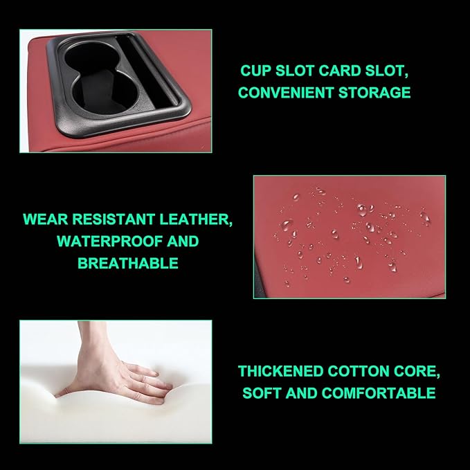 Car Center Console Armrest Pillow, Memory Foam Auto Armrest Box Cover with Cup Holder & Phone Holder, Waterproof Leather Arm Rest Protector Cushion, Interior Car Accessories (Wine Red)