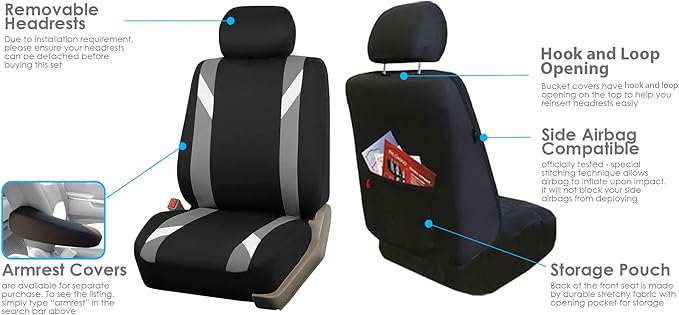 FH Group Car Seat Covers Premium Modernistic Flat Cloth Car Seat Covers Front Seats Only Gray Black, Airbag Compatible Universal Fit Interior Accessories Cars Trucks SUV Car Accessories Protector