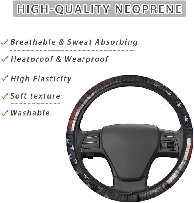 SEANATIVE Vintage American Flag Car Steering Wheel Cover, Anti-Slip, Safety, Soft, Breathable, Universal Car Steering Wheel Dust Cover, Easy to Disassemble
